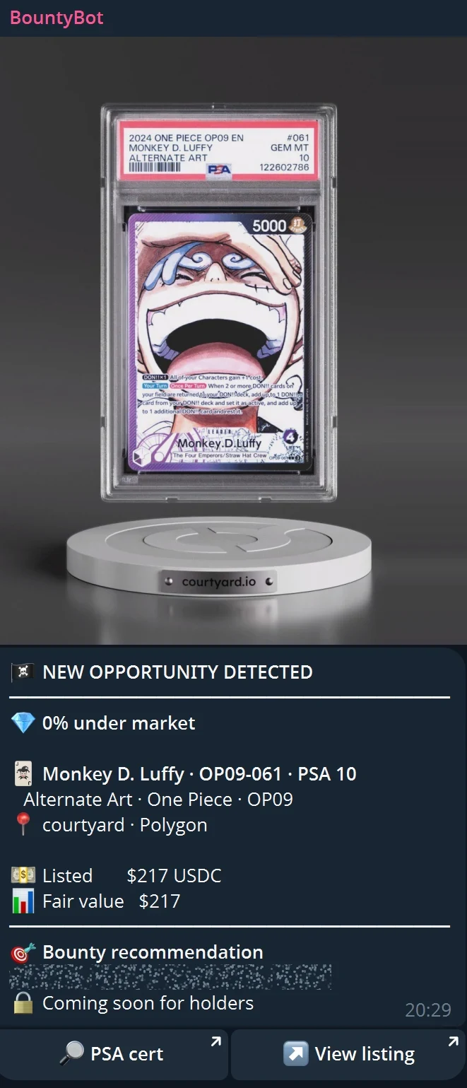 Real BountyBot alert on Telegram: Monkey D. Luffy OP09-061 PSA 10, Bounty recommendation coming soon for holders